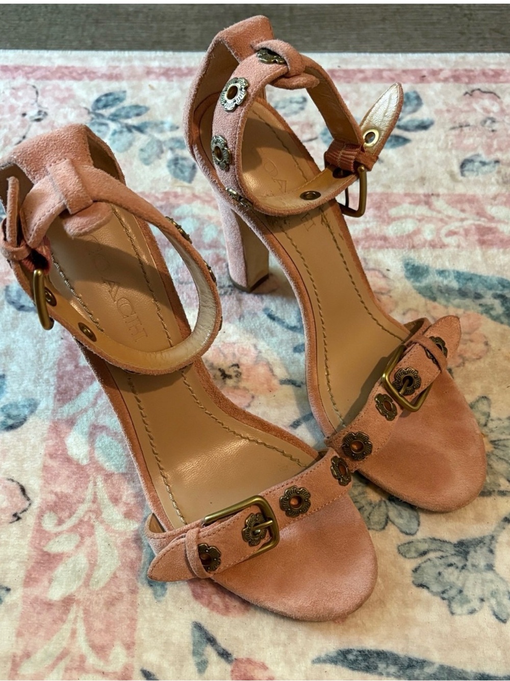 Coach Pink Suede Floral-Embellished Ankle-Strap Heels